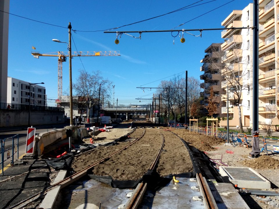 Lyon 8e - Rue Challemel-Lacour, au niveau de la rue de Champagneux, travaux du tramway T6
