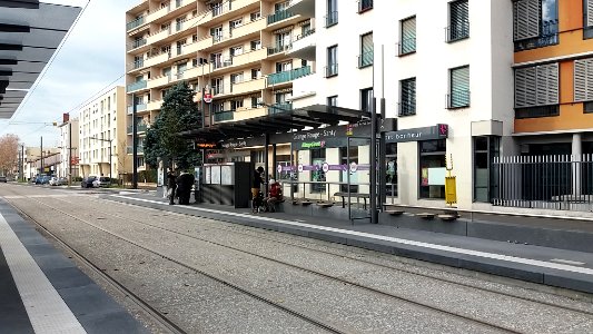 Lyon 8e - Rue du Professeur Beauvisage, arrêt du tramway T6 - Grange Rouge - Santy, après ouverture