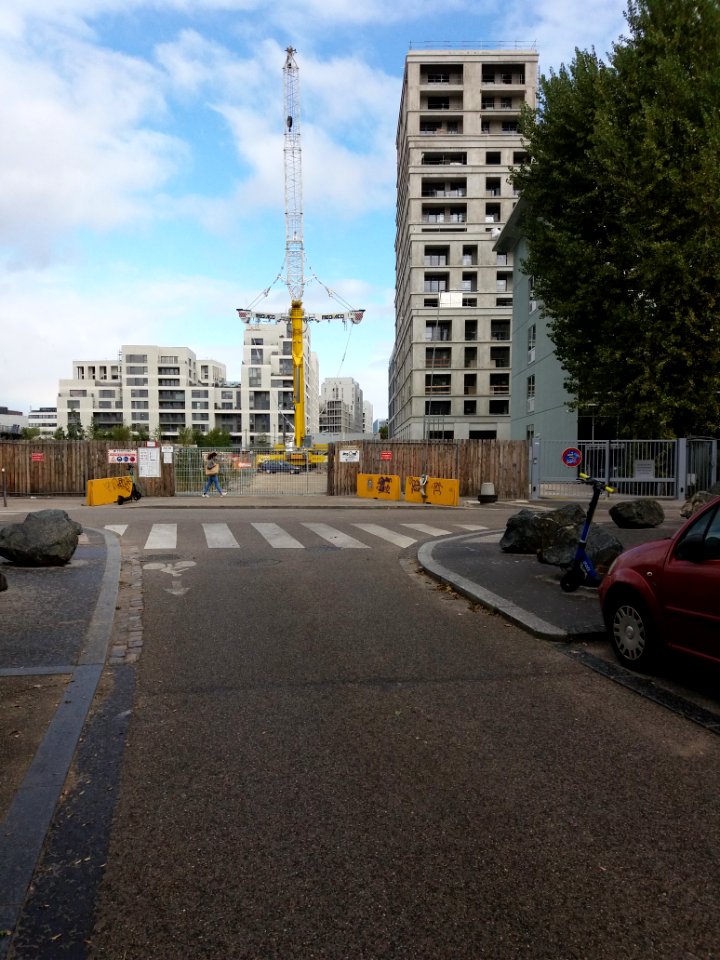 Lyon 7e - Rue Michel Félizat - Vers le nord, au croisement de la rue Clément Marot - Grue mobile