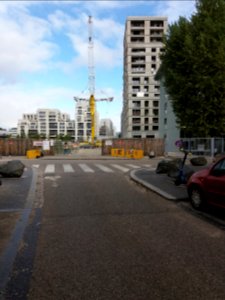 Lyon 7e - Rue Michel Félizat - Vers le nord, au croisement de la rue Clément Marot - Grue mobile