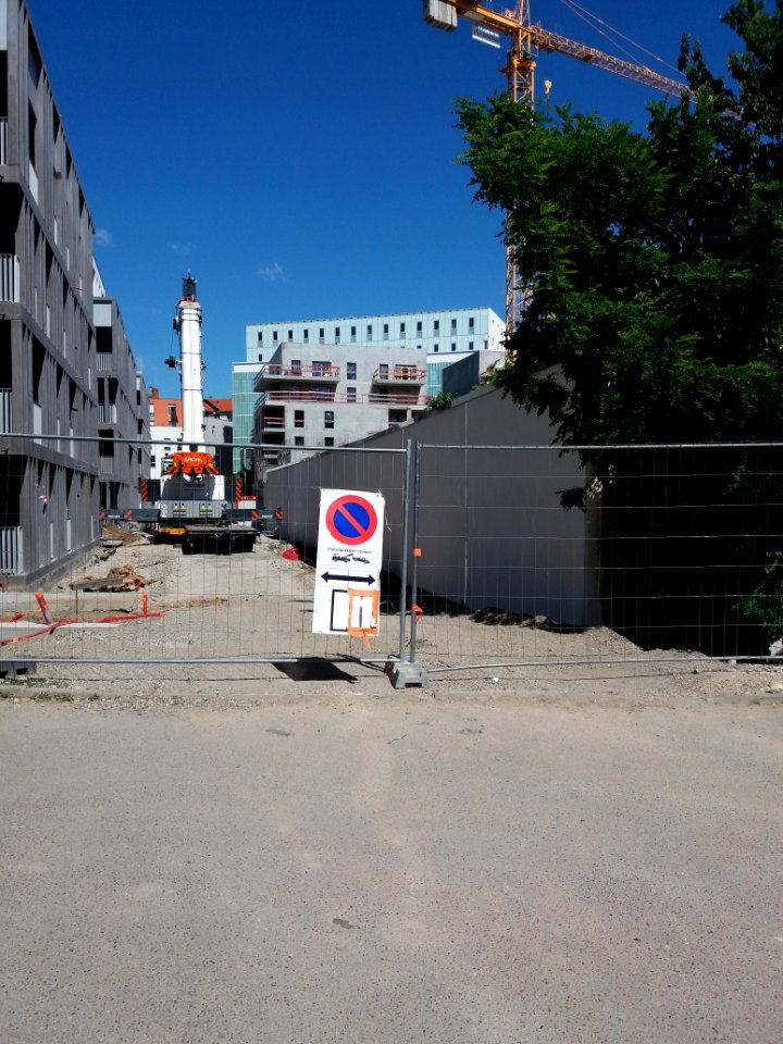 Lyon 7e - Rue Maurice Bouchor, grue mobile sur le chantier de la rue Michel Félizat
