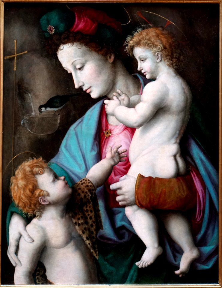 Madonna and Child with St. John the Baptist, by Francesco Ubertini (Il Bacchiacca), Italian, c. 1525, oil on panel - Dallas Museum of Art - DSC05215