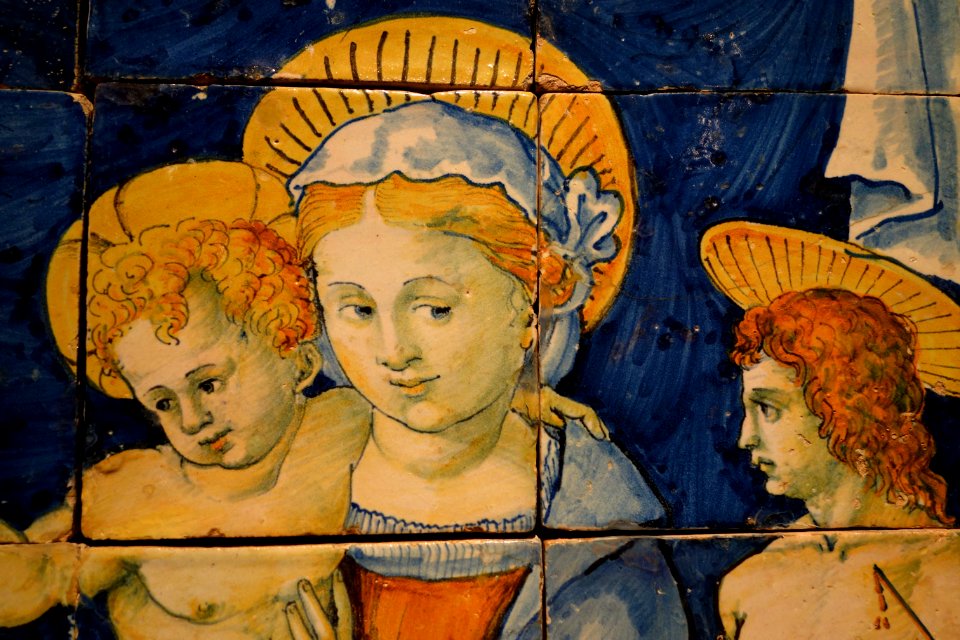 Madonna and Child with St Rocco and St Sebastian, Ligurian, 1547, view 2, majolica - Museo Diocesano (Genoa) - DSC01519
