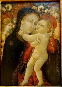 Madonna and Child with Two Angels before a Rose Hedge, by Studio of Giovanni di Paolo di Grazia, Italy (Siena), c. 1470-1475, tempera and gold on wood panel - Chazen Museum of Art - DSC02062