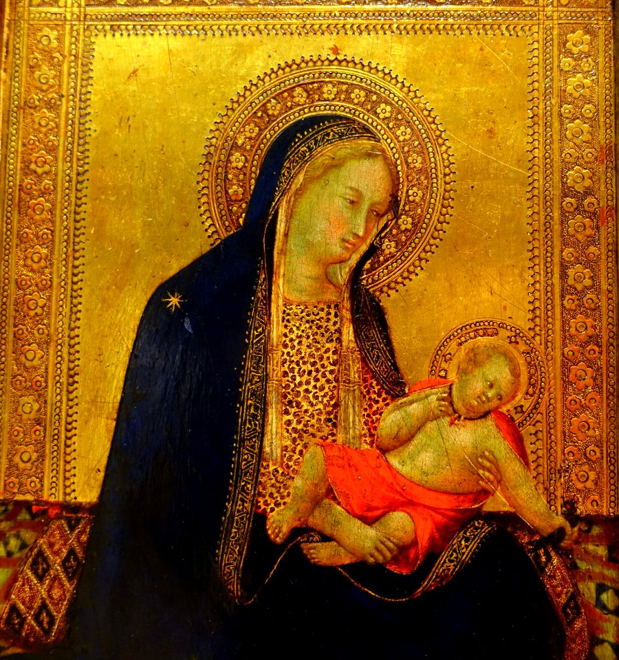 Madonna and Child, by Bartolommeo Bulgarini (studio), detail, c. 1350, tempera and gold on wood panel - University of Arizona Museum of Art - University of Arizona - Tucson, AZ - DSC08203