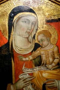 Madonna with Child and Saints Dominic and John the Evangelist, by Francesco D'Oberto, perhaps 1368 AD, view 2 Madonna with Child, tempera on wood - Accademia Ligustica di Belle Arti - DSC02005