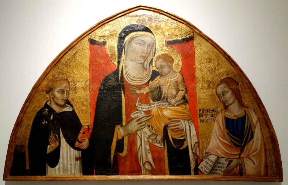 Madonna with Child and Saints Dominic and John the Evangelist, by Francesco D'Oberto, perhaps 1368 AD, view 1, tempera on wood - Accademia Ligustica di Belle Arti - DSC02002