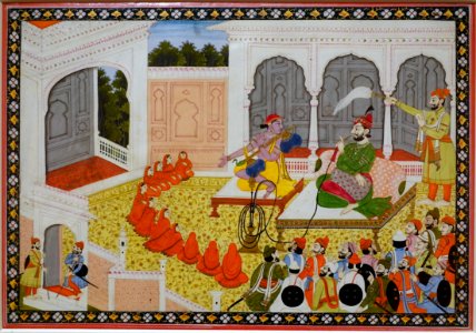 Madhavanala enchants the court of Govindachandra with his music, from a Madhavanala Kamakandala,North India, Mandi or Guler, c. 1845, watercolor and gold on paper - Princeton University Art Museum - DSC06979