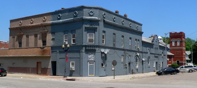 Madison, Nebraska Heins Opera House and First Presby from SE 1