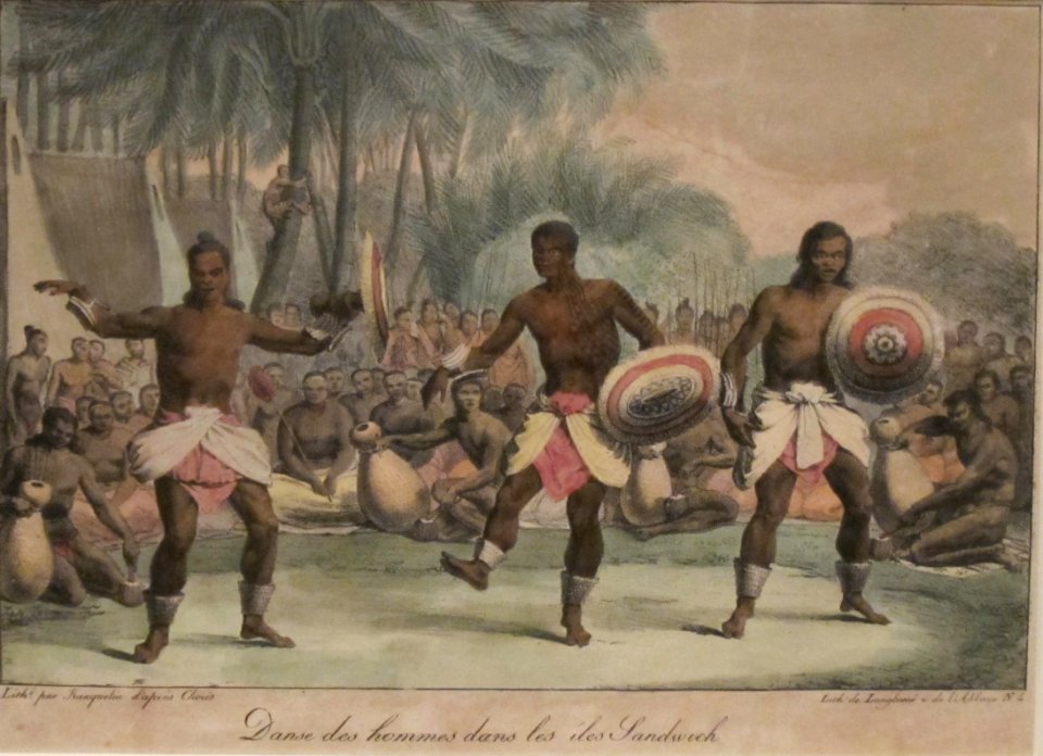 Men of the Sandwich Islands Dancing, lithograph by Jean-Augustin Franquelin, Honolulu Museum of Art