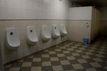Mens restroom with urinals in Europe. This photo has been released into the public domain. There are no copyrights you can use and modify this photo without asking, and without attribution