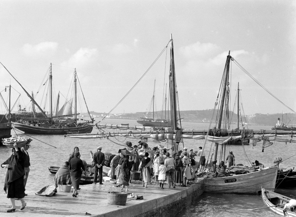 Mensen op een pier in de vissershaven van Lissabon vissers laden hun vangst uit, Bestanddeelnr 191-0215