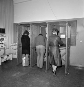 Mensen in stemhokjes voor verkiezingen Provinciale Staten, Bestanddeelnr 929-6458