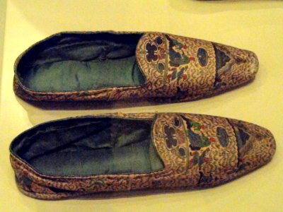 Men's informal slippers, England, c. 1845-1855, printed leather with silk tabby lining - Patricia Harris Gallery of Textiles & Costume, Royal Ontario Museum - DSC09461 photo