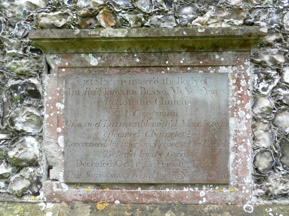 Memorial to Rev. Edward Bland at Stanmer Church (April 2013)