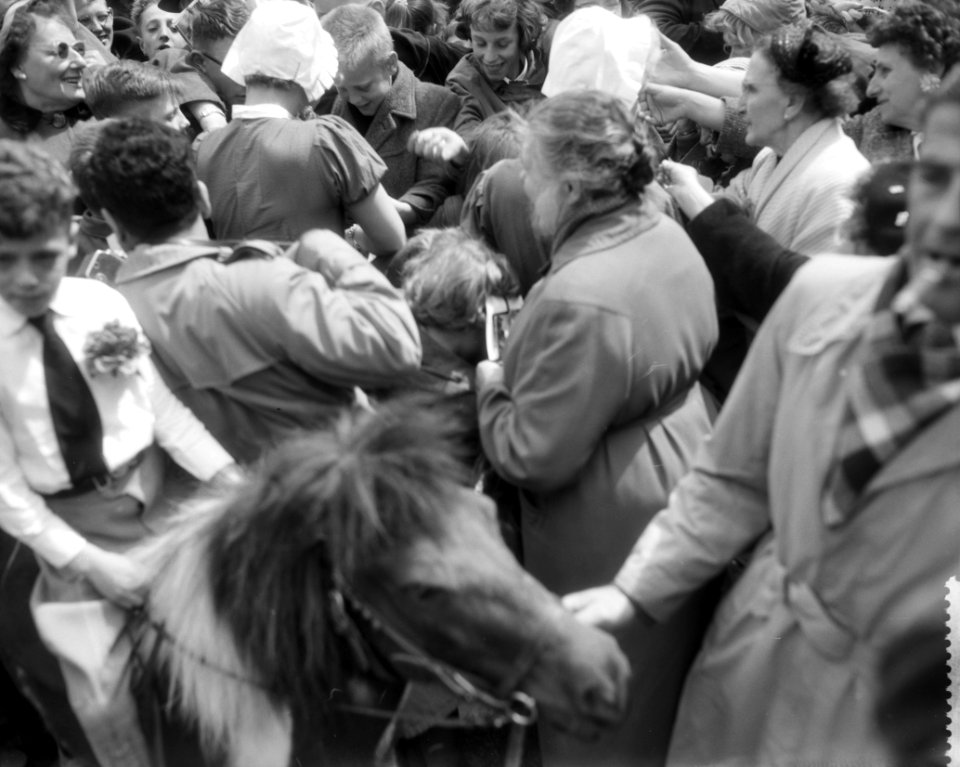 Meisjes in klederdrachten in Haarlem op uitnodiging van Stichting Haarlems Bloei, Bestanddeelnr 909-5565