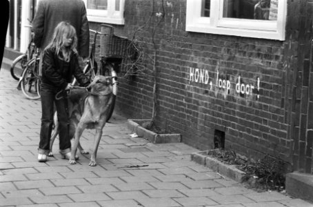 Meisje met hond passeert een muur boven een tuintje met de tekst hond, loop do, Bestanddeelnr 930-1950