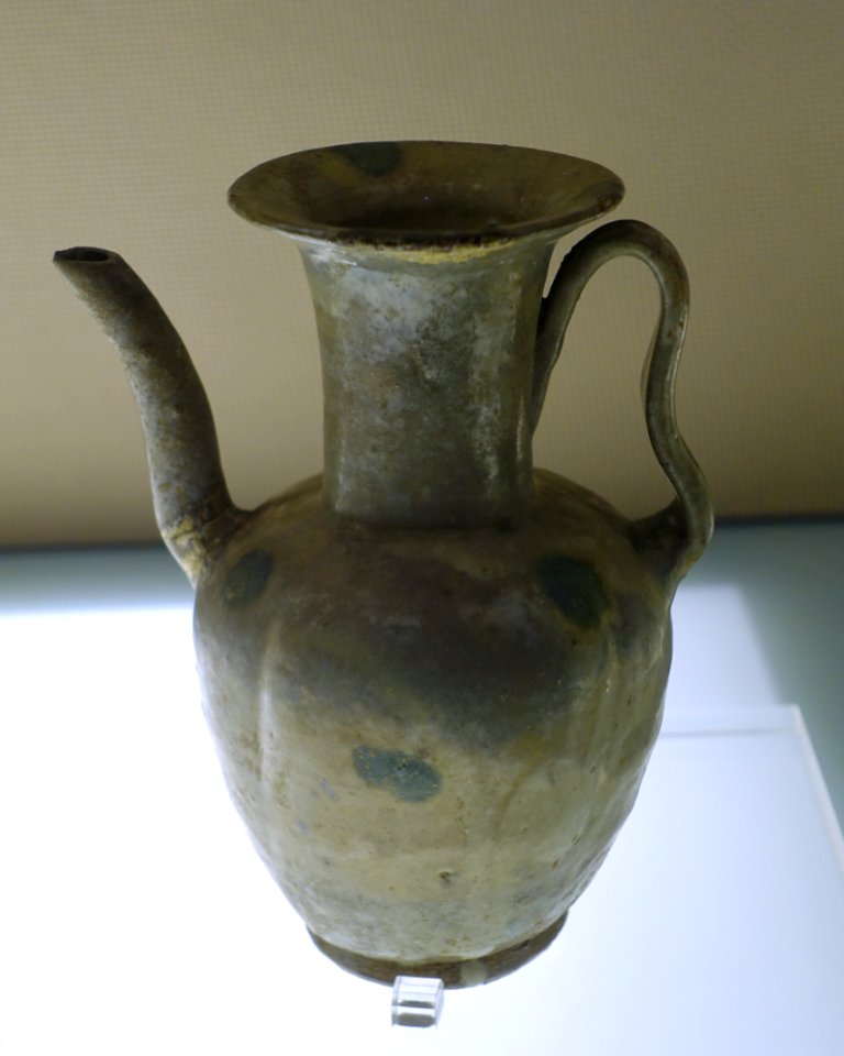 Melon-shaped ewer, China, from Qiong kiln, unearthed from Qionglai, Sichuan, Song dynasty, 960-1279 AD, blue-glazed ceramic with green spots - Sichuan Provincial Museum - Chengdu, China - DSC04216