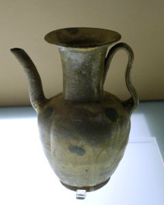 Melon-shaped ewer, China, from Qiong kiln, unearthed from Qionglai, Sichuan, Song dynasty, 960-1279 AD, blue-glazed ceramic with green spots - Sichuan Provincial Museum - Chengdu, China - DSC04216