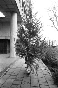 Meisje loopt als kerstman in warenhuis, kerstboom op fiets, Bestanddeelnr 919-9026