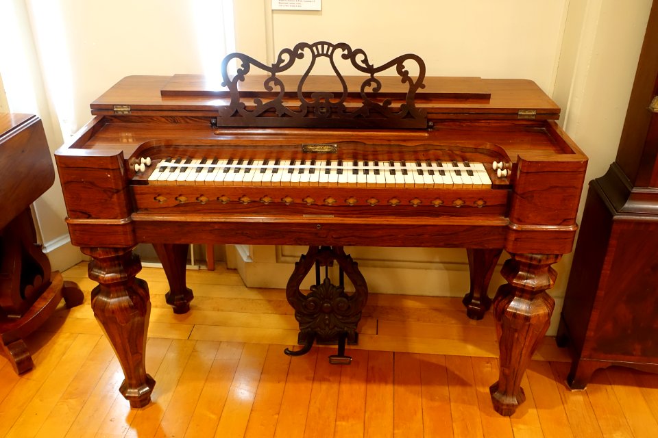 Melodeon, made by Sommer & Pratt, Ansonia CT, c. 1850, rosewood veneer, ivory - Old Colony History Museum - Taunton, Massachusetts - DSC03719