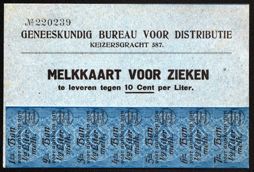 Melkkaart voor zieken No220239, Geneeskundig Bureau voor Distributie, voorkant
