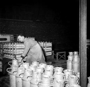 Melkfabriek man versleept de melkbussen, Bestanddeelnr 252-9453