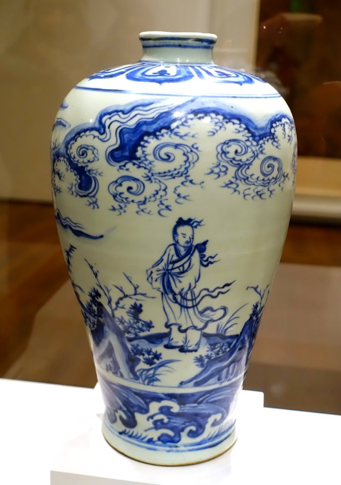 Meiping bottle with decoration of a Daoist immortal and his youthful attendant in a windswept landscape, view 1, Chinese, Ming dynasty, perhaps 1400s - Sackler Museum - Harvard University - DSC01925