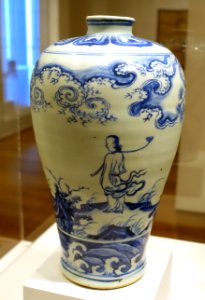 Meiping bottle with decoration of a Daoist immortal and his youthful attendant in a windswept landscape, view 2, Chinese, Ming dynasty, perhaps 1400s - Sackler Museum - Harvard University - DSC01926