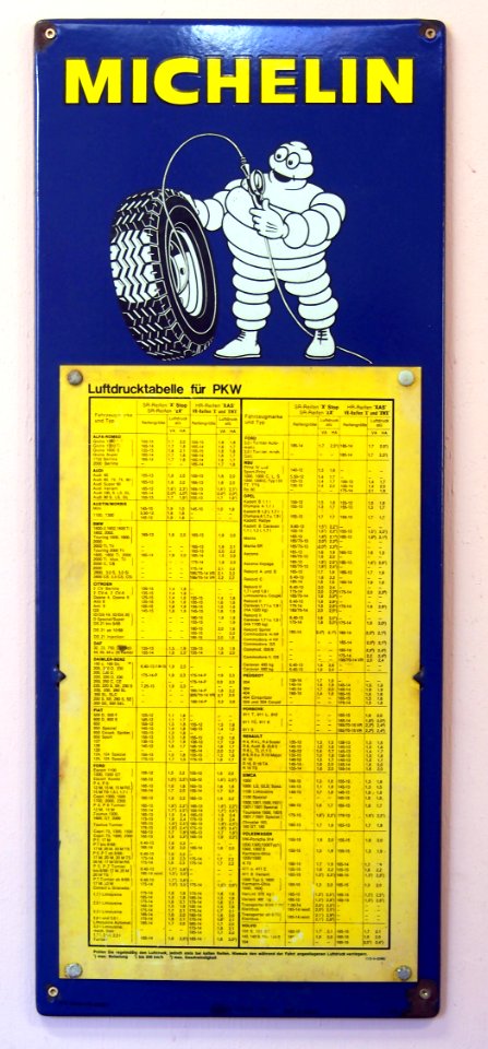 Michelin Luftdrucktabelle für PKW emaille Werbeschild