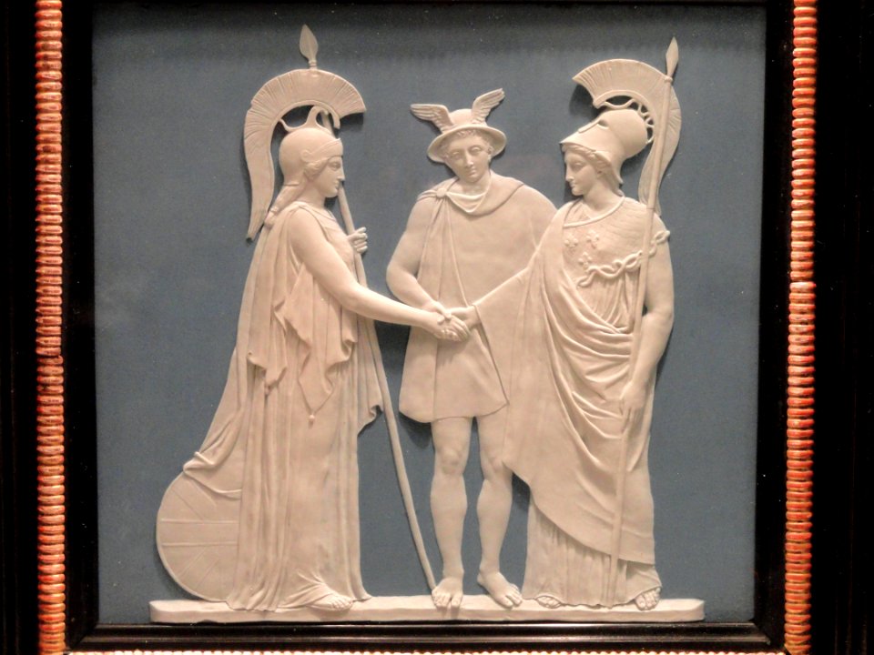 Mercury Joining the Hands of Britain and France, 1787-1790, Wedgwood Pottery, Burslem, solid blue jasper on white relief with wood and gilt frame - Art Institute of Chicago - DSC09819