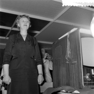 Mevr J de Boer-Spoelstra uit Harlingen op de huishoudbeurs in het RAI-gebouw t, Bestanddeelnr 908-4546