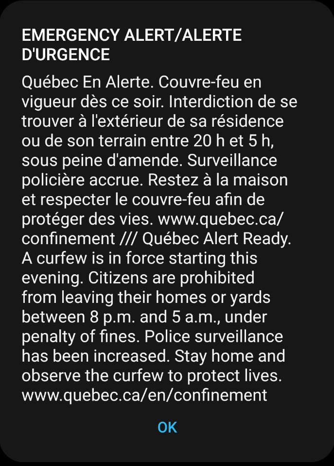 Message d'alerte couvre-feu du 9 janvier 2021 (Covid-19)