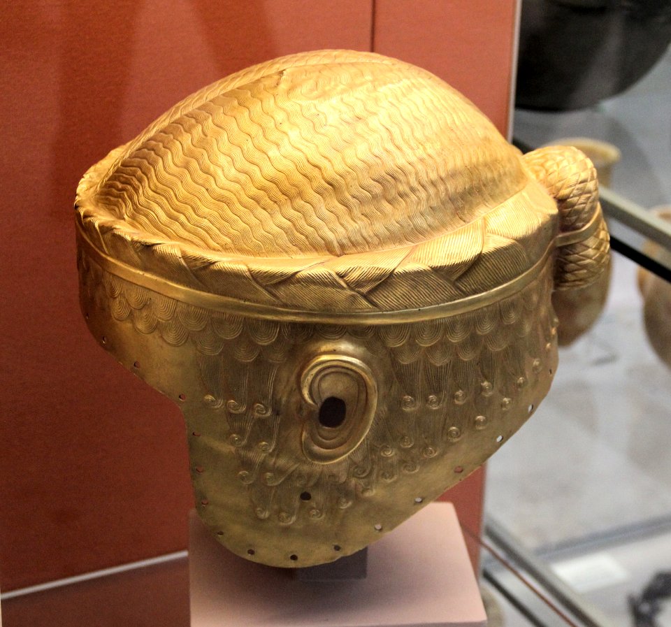 Meskalamdug helmet British Museum electrotype copy original is in the Iraq Museum, Bagdad