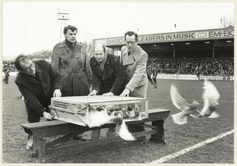 Met het loslaten van een aantal duiven wordt de nieuwe staan-zittribune op het terrein van H.F.C. Haarlem geopend. NL-HlmNHA 54004885