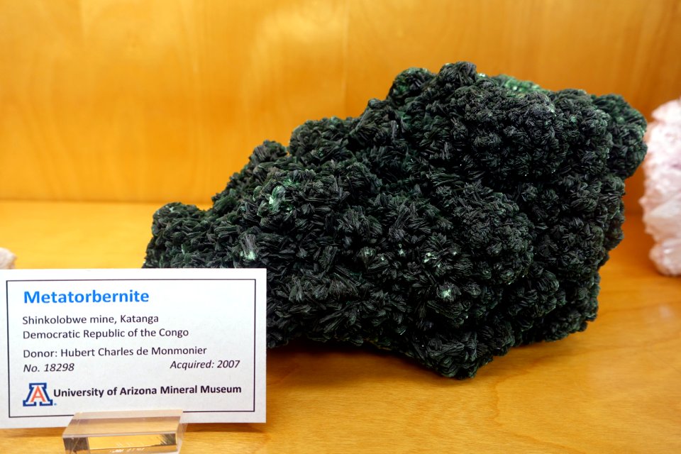 Metatorbernite, Shinkolobwe Mine, Democratic Republic of the Congo - University of Arizona Mineral Museum - University of Arizona - Tucson, AZ - DSC08563