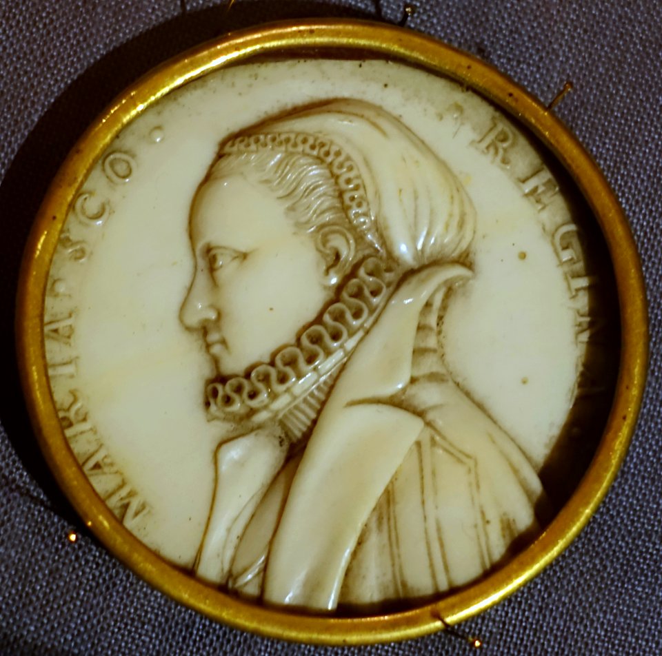 Mary, Queen of Scots, 1700s, ivory roundel in gilt-metal frame - Oak Room, Chatsworth House - Derbyshire, England - DSC03068