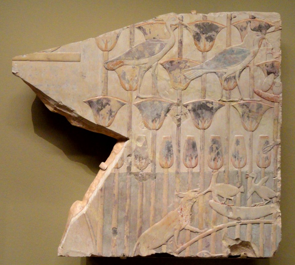 Marsh Scene with Cat and Birds, about 667-647 BC, Thebes, Late Period, late Dynasty 25 to early Dynasty 26, limestone - Cleveland Museum of Art - DSC08675