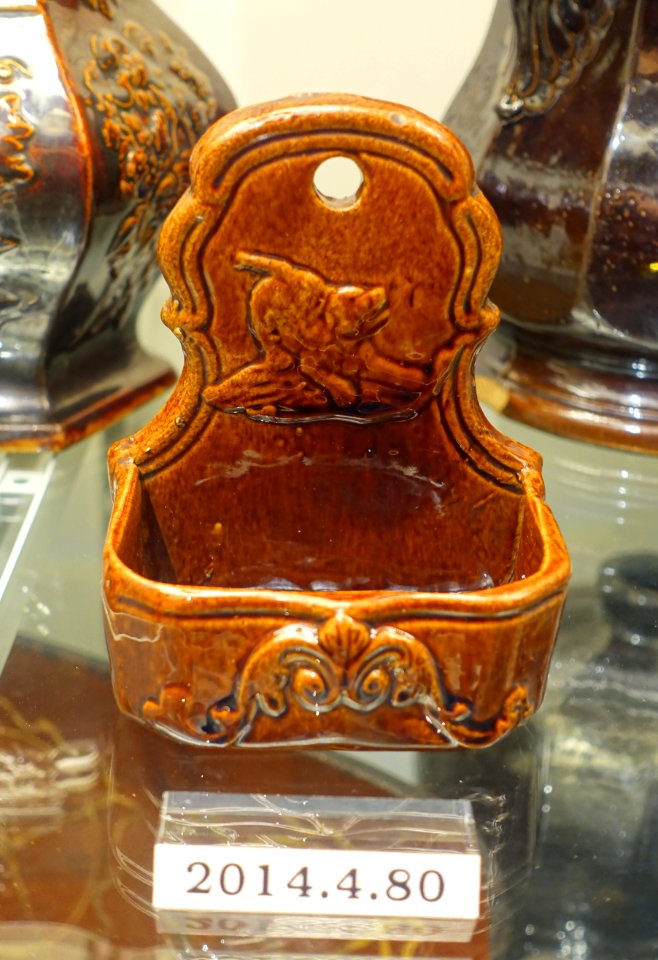 Match holder, John E. Jeffords & Co. Philadelphia City Pottery, c. 1870, lead-glazed yellow earthenware, Rockingham glaze - Flynt Center of Early New England Life - Deerfield, Massachusetts - DSC04174