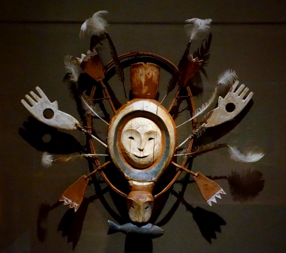 Mask with seal or sea otter spirit, Yupik Eskimo, Yukon River area, Alaska, 1800s, wood, paint, gut cord, feathers - Dallas Museum of Art - DSC04715