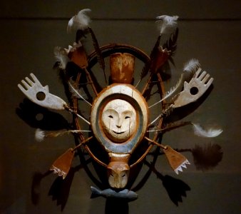 Mask with seal or sea otter spirit, Yupik Eskimo, Yukon River area, Alaska, 1800s, wood, paint, gut cord, feathers - Dallas Museum of Art - DSC04715