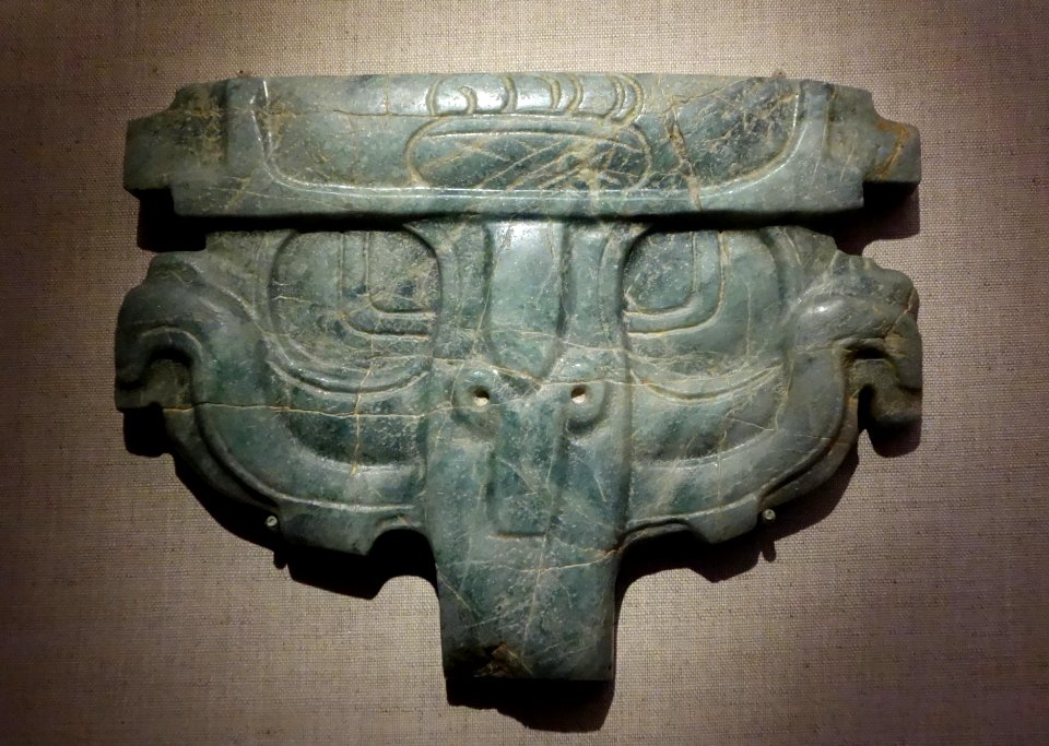 Mask with conflated triple Jester God, Mexico or Guatemala, Central Maya area, Early Classic Maya, 250-550 AD, jade - De Young Museum - DSC00625