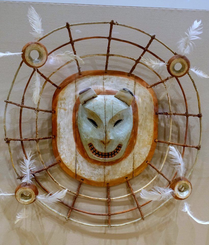 Mask depicting a bear spirit, Yupik Eskimo, Yukon River area, late 1800s, wood, paint, fiber, gut cord, feathers - Dallas Museum of Art - DSC04533