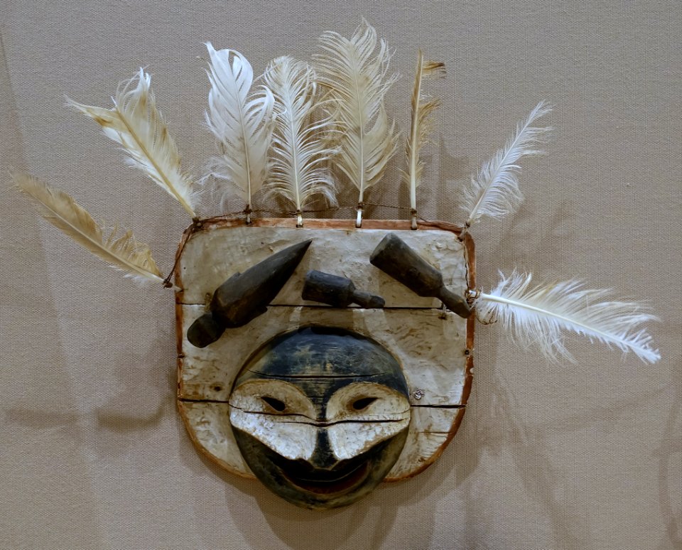Mask depicting a spirit face, Yupik Eskimo, Lower Yukon River area, late 1800s, wood, feathers, gut cord - Dallas Museum of Art - DSC04529