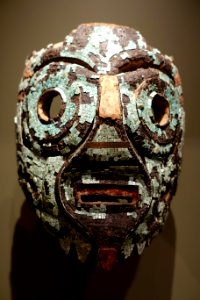 Mask, possibly of Tlaloc, Mixtec-Mexica (Aztec) culture, Late Postclassic period, 1350-1521 AD, wood, turquoise, shell, lignite, resin - Dallas Museum of Art - DSC04563