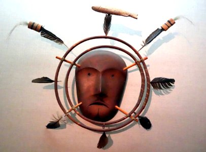 Mask, Alaska, Nunivak Island, Eskimo, Cup'ik, c. 1880, wood, cormorant feathers, sinew, pigment, fur, linseed oil, with later addition of shellac - De Young Museum - DSC00294