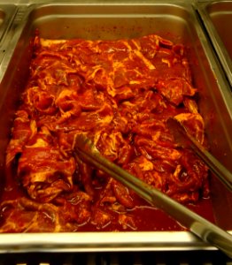 Marinated pork sliced butt at Asian supermarket in New Jersey