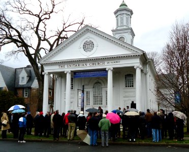 Marriage equality rally and banner at Unitarian church in Summit NJ