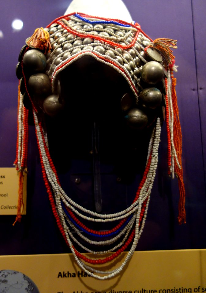 Married woman's headdress, Akha peoples, Thailand, Laos, or Myanmar, 20th century, silver, fur, glass, aluminum, wool - Fernbank Museum of Natural History - DSC00054