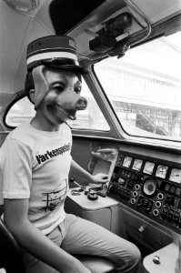 Medewerker van de stichting Lekker Dier met een masker van een varkenskop en act, Bestanddeelnr 932-6689